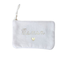 Petite pochette coton 10.5 X 16.5 cm Maman coeur doré-Beige