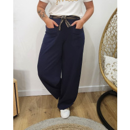 Pantalon femme élastiqué coupe droite et poches-Bleu marine