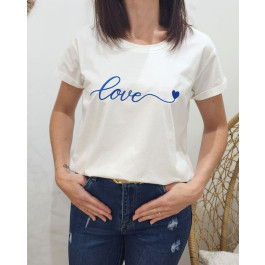 T-Shirt femme blanc broderie love coeur-Bleu roi