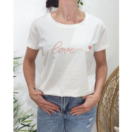 T-Shirt femme blanc broderie love coeur-Rose