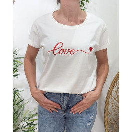 T-Shirt femme blanc broderie love coeur-Rouge