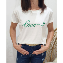 T-Shirt femme blanc broderie love coeur-Vert gazon