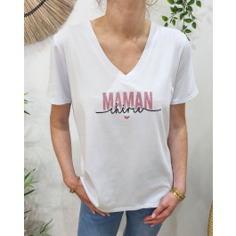 T-shirt femme blanc Maman chérie-Rose