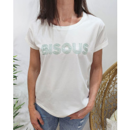 T-Shirt femme blanc broderie BISOUS-Vert