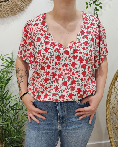 Blouse femme blanc fleurs rouges Fernande