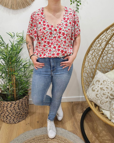 Blouse femme blanc fleurs rouges Fernande