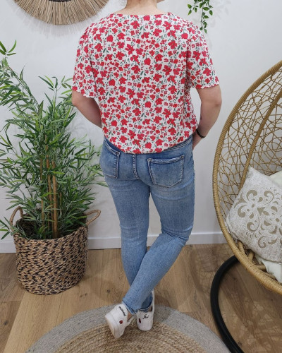 Blouse femme blanc fleurs rouges Fernande