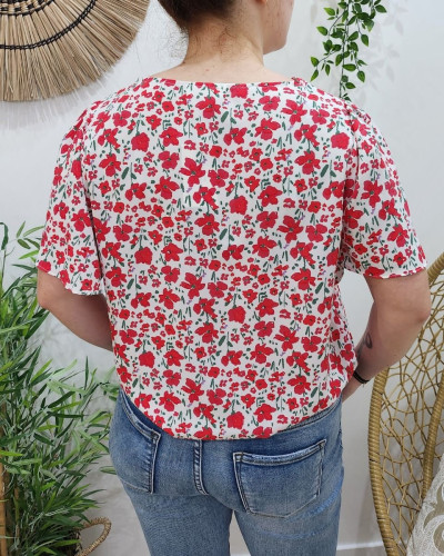 Blouse femme blanc fleurs rouges Fernande