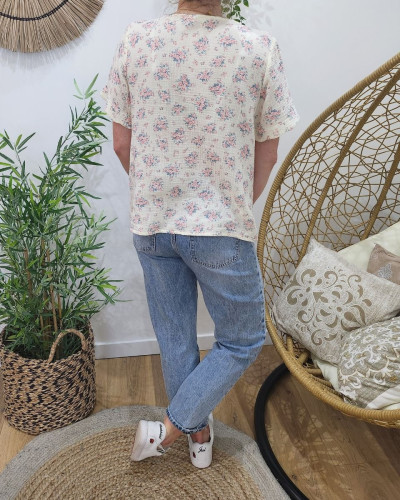 Blouse en gaze de coton écru fleurs roses