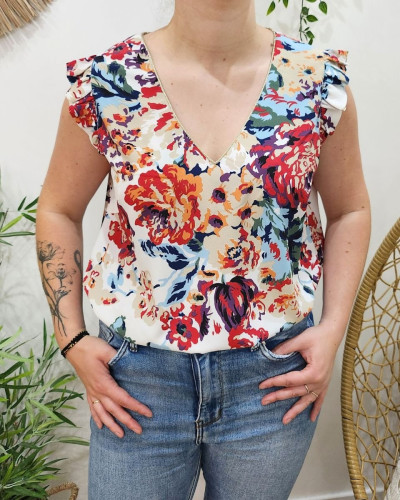 Blouse femme blanche grosses fleurs multicolores