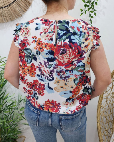 Blouse femme blanche grosses fleurs multicolores