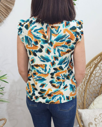 Blouse femme écrue motifs bleus et oranges Jennifer