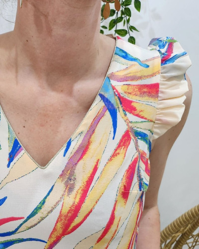 Blouse femme écrue feuillages multicolores