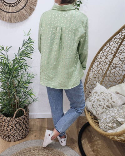 Chemisier femme coton gaze vert motifs dorés