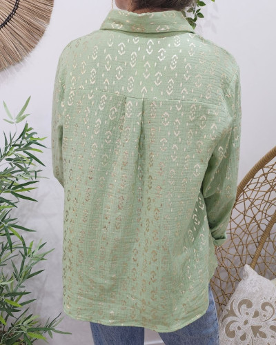 Chemisier femme coton gaze vert motifs dorés