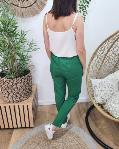 Pantalon femme fluide paper bag vert gazon à noeud