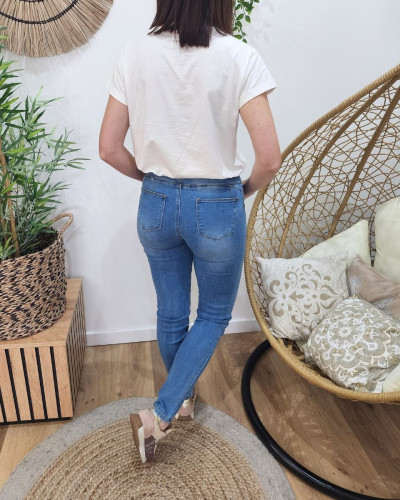 Jean femme bleu clair délavé slim coupe confort taille haute