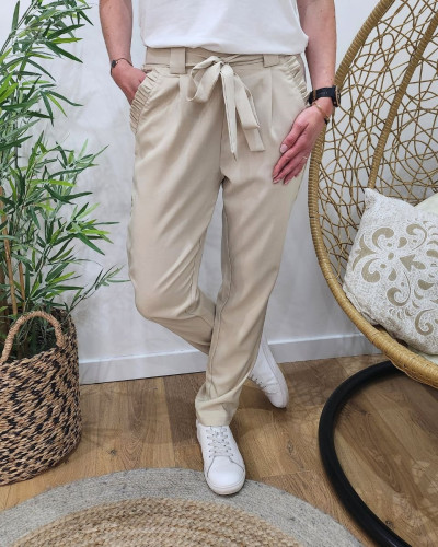 Pantalon femme paper bag beige