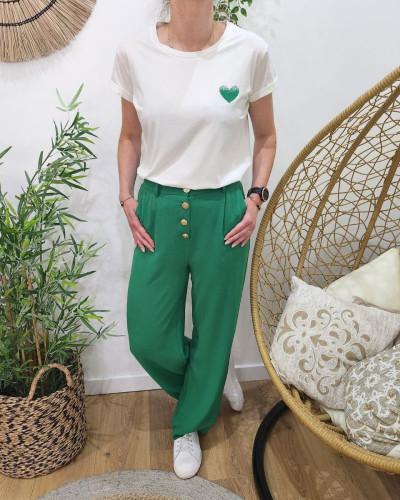 Pantalon fluide femme vert taille haute boutons dorés