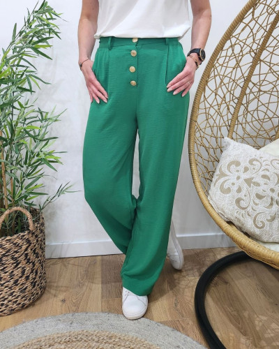 Pantalon fluide femme vert taille haute boutons dorés