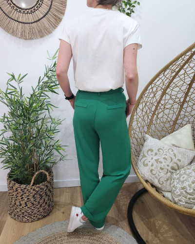 Pantalon fluide femme vert taille haute boutons dorés