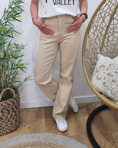 Pantalon femme beige taille haute évasé Wide leg