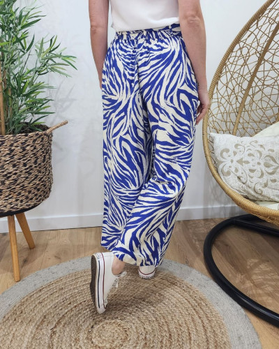 Pantalon fluide femme motifs bleu roi et écru