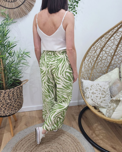 Pantalon fluide femme motifs verts et écrus