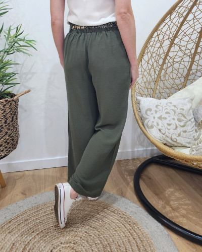 Pantalon fluide femme kaki ruban à motifs