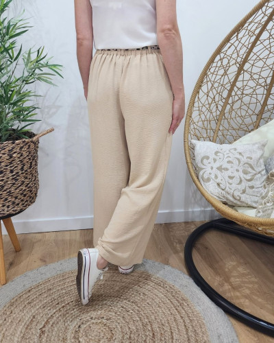 Pantalon fluide femme beige ruban à motifs