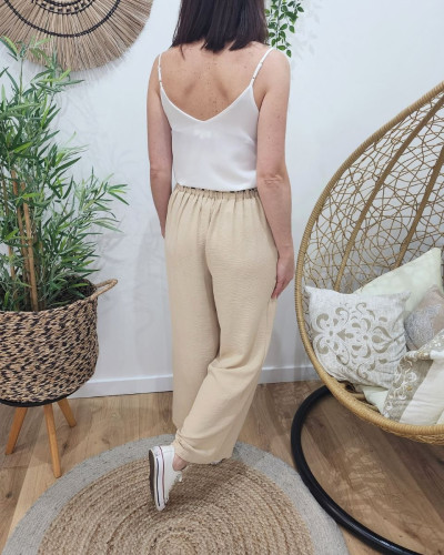 Pantalon fluide femme beige ruban à motifs