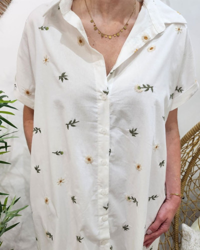 Robe chemise femme blanche fleurs brodées