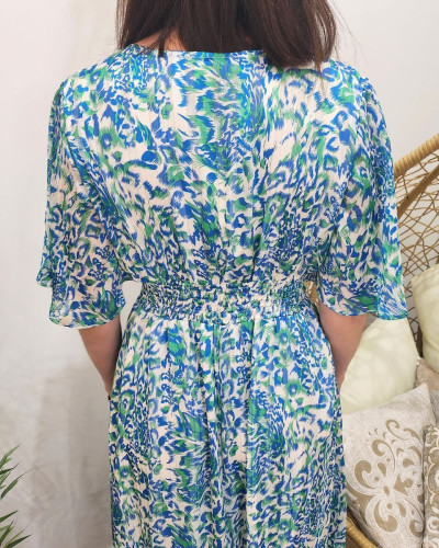 Robe longue femme écrue motifs verts et bleus Samia