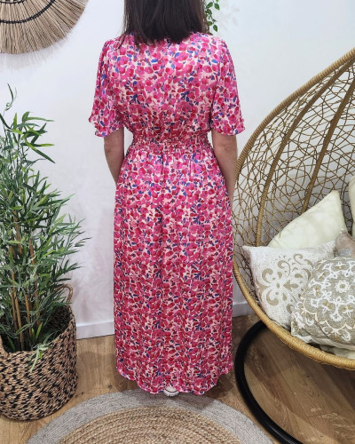 Robe longue femme écrue motifs roses fuchsia et bleus Isia