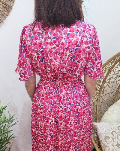 Robe longue femme écrue motifs roses fuchsia et bleus Isia