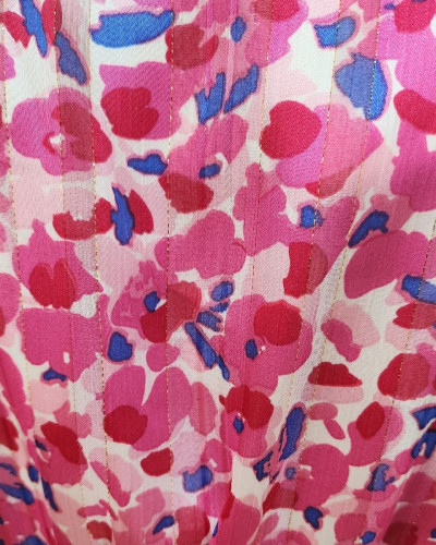 Robe longue femme écrue motifs roses fuchsia et bleus Isia