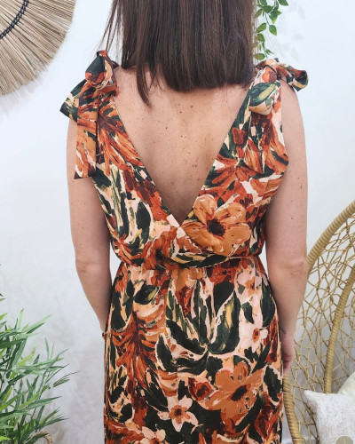 Robe longue femme satinée kaki fleurs terracota