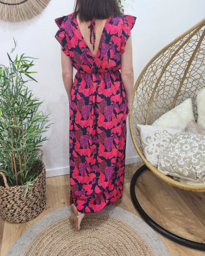 Robe longue femme marine fleurs roses fuchsia