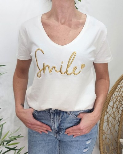 T-Shirt femme blanc broderie smile dorée