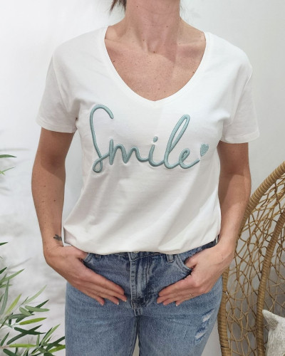 T-Shirt femme blanc broderie smile vert agate