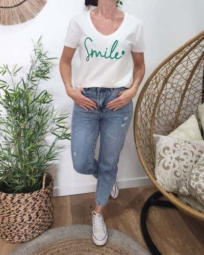 T-Shirt femme blanc broderie smile vert gazon