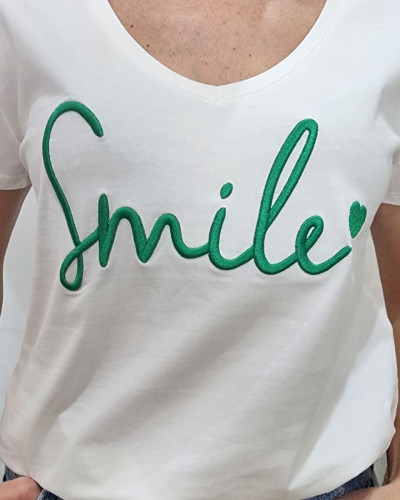 T-Shirt femme blanc broderie smile vert gazon