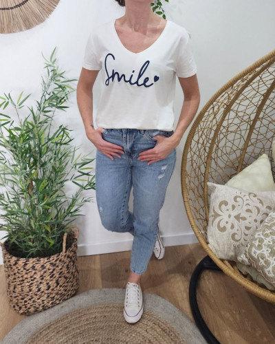 T-Shirt femme blanc broderie smile bleu marine