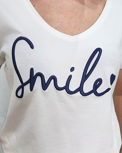 T-Shirt femme blanc broderie smile bleu marine