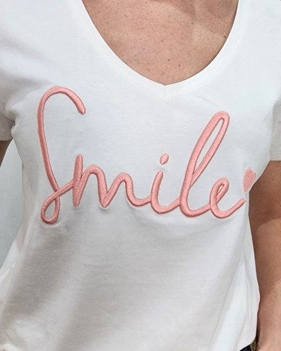 T-Shirt femme blanc broderie smile rose poudré