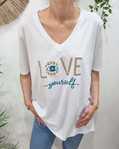 T-Shirt oversize femme blanc Love yourself doré et turquoise