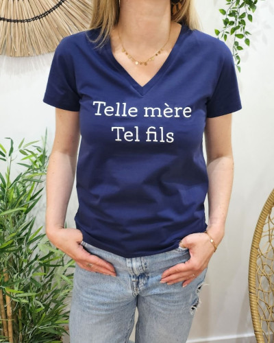 T-Shirt femme bleu marine Telle mère tel fils blanc