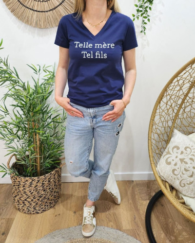 T-Shirt femme bleu marine Telle mère tel fils blanc