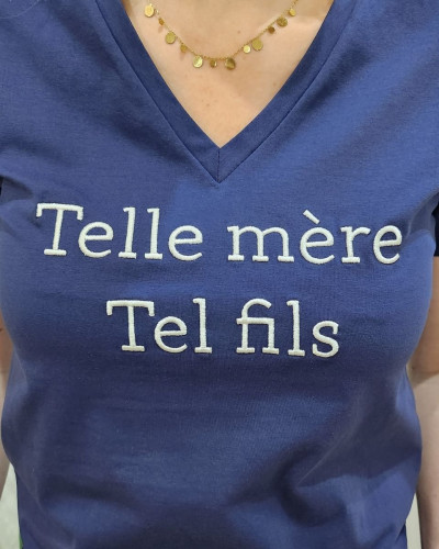 T-Shirt femme bleu marine Telle mère tel fils blanc