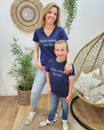 T-Shirt femme bleu marine Telle mère tel fils blanc